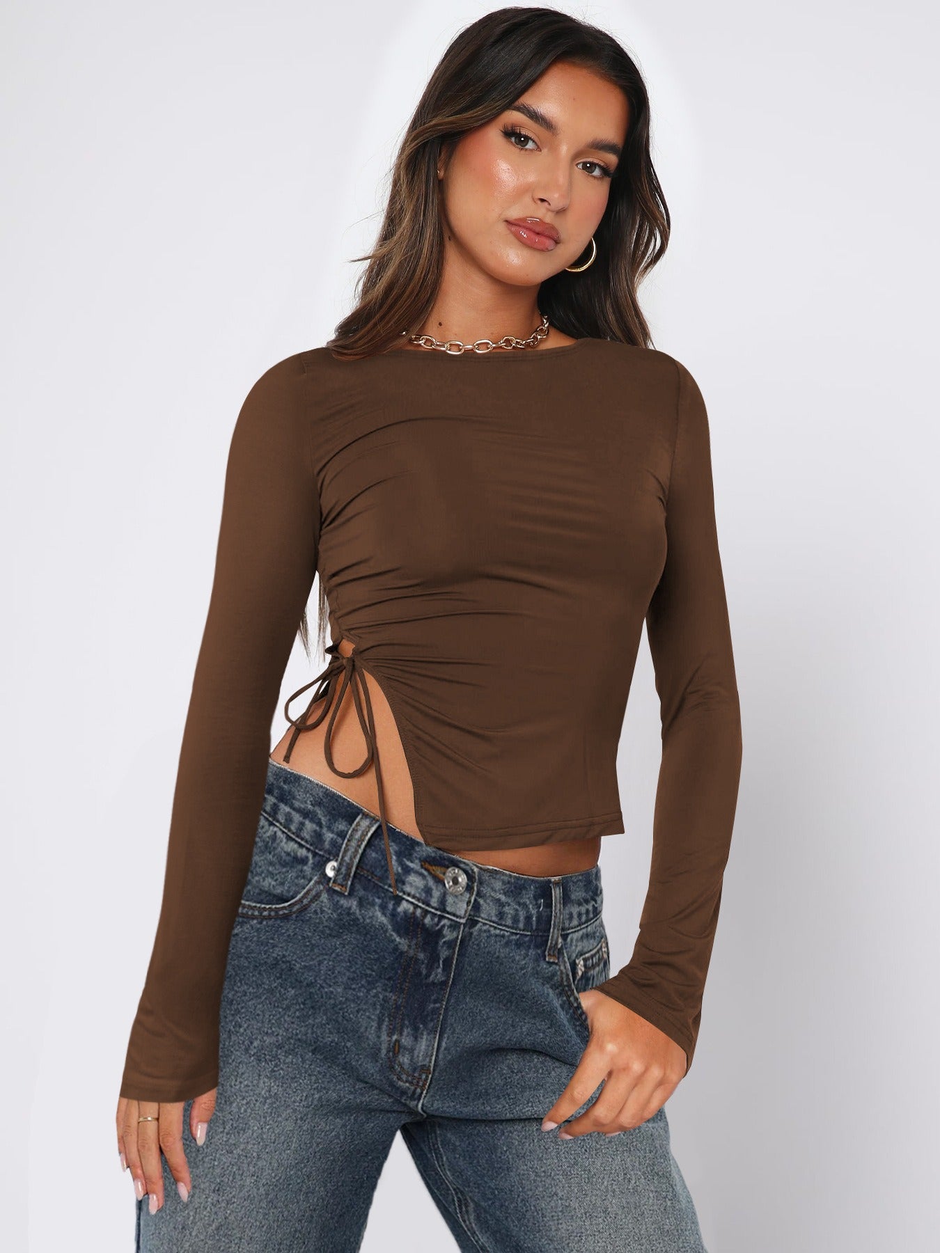 Slit lace up shoulder t-shirt