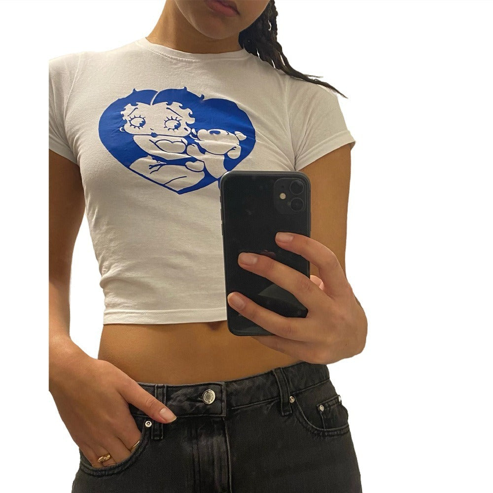 Y2K Spicy Girl Otwarty Pępek Krótki rękaw T-shirt z nadrukiem kreskówki dla kobiet