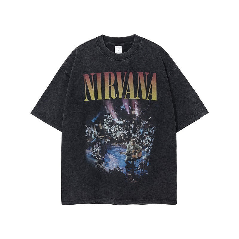 Retro washed and oversized T-shirt with Nirvana pattern