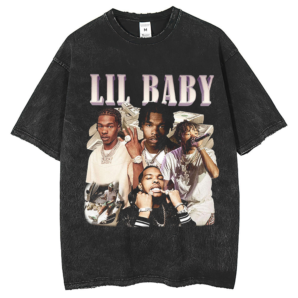 Washed short-sleeved T-shirt with prints of various rappers