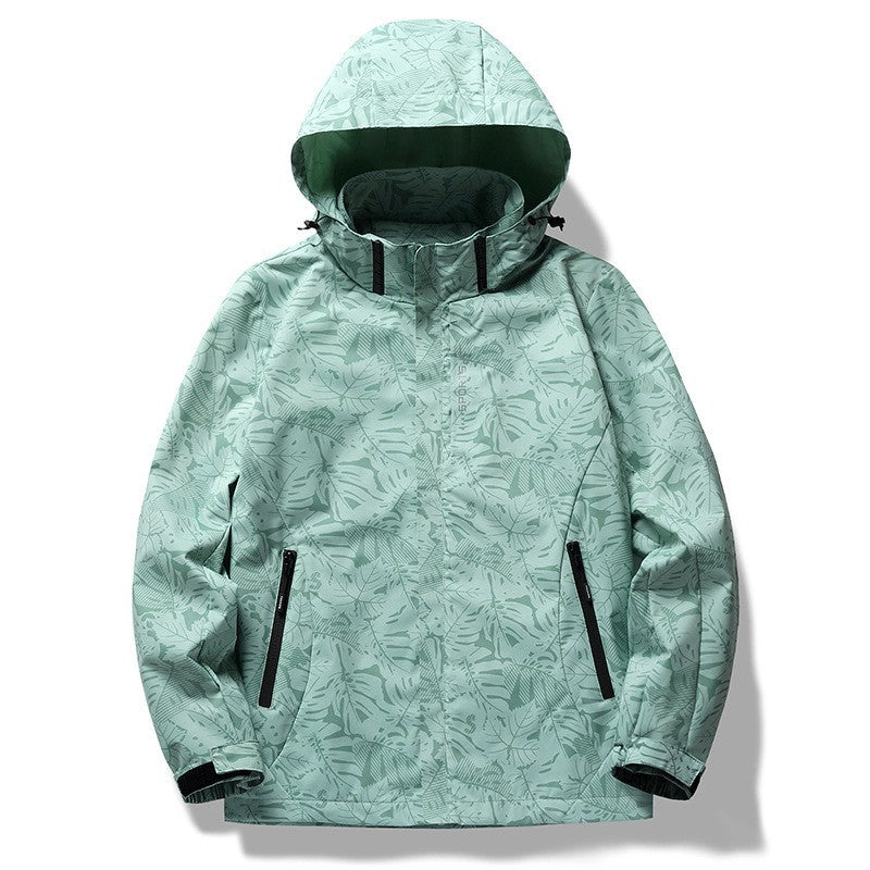 Waterproof jacket with a leaf theme