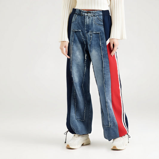 Wide, loose pants with visible seams and cuffs