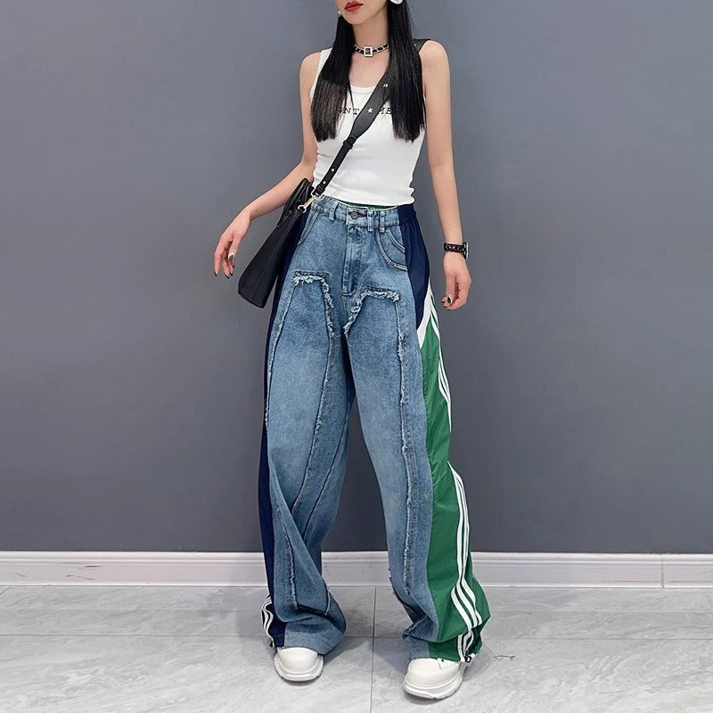 Wide, loose pants with visible seams and cuffs