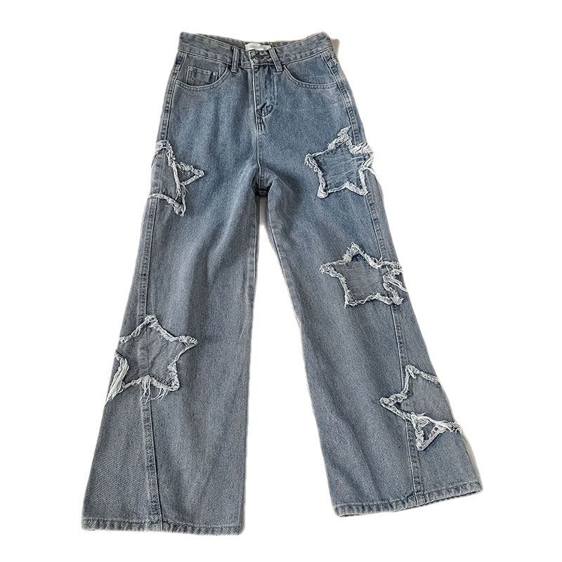 Straight, loose jeans with sewn-on stars