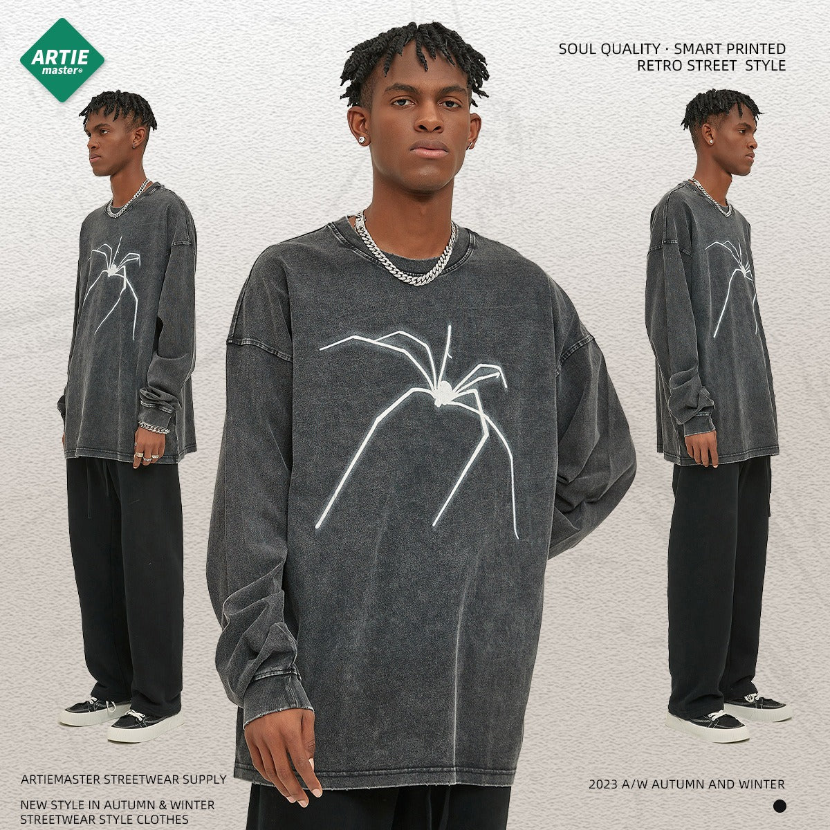 Washed long-sleeve t-shirt with spider theme