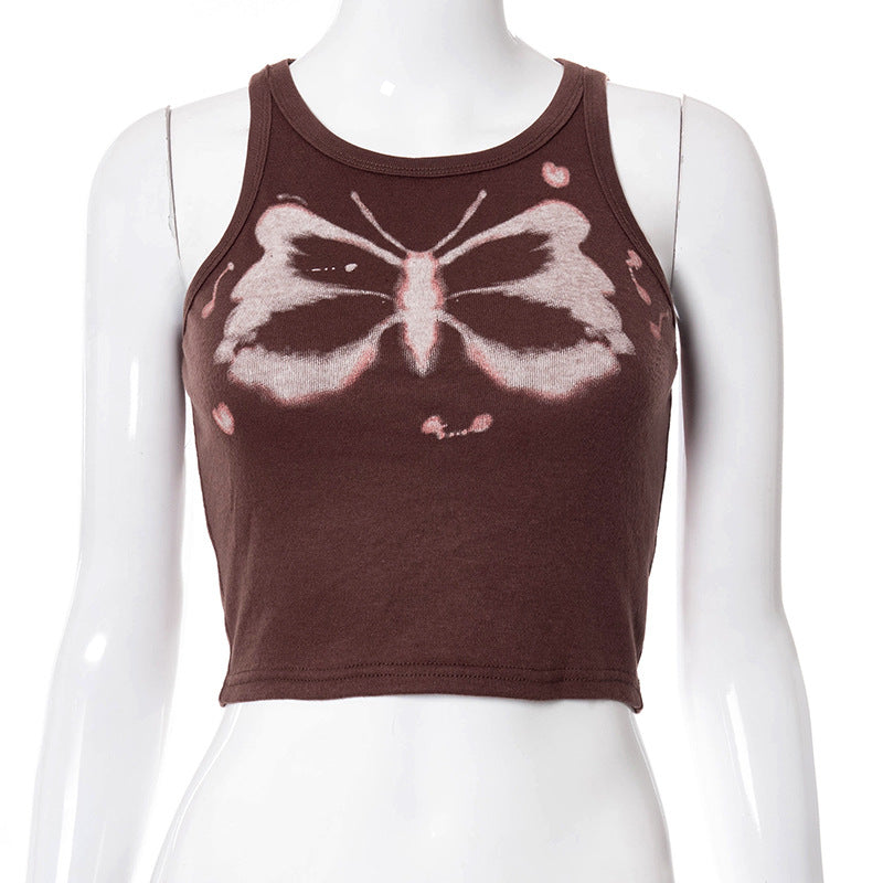 Round neck sleeveless top butterfly print navel slim fit