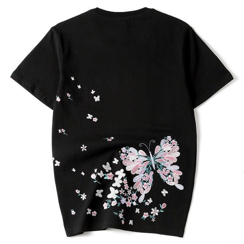 T-shirt with butterfly and flower embroidery