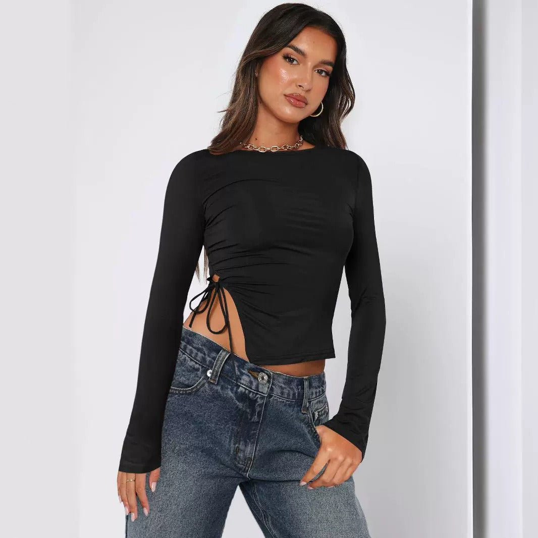 Slit lace up shoulder t-shirt