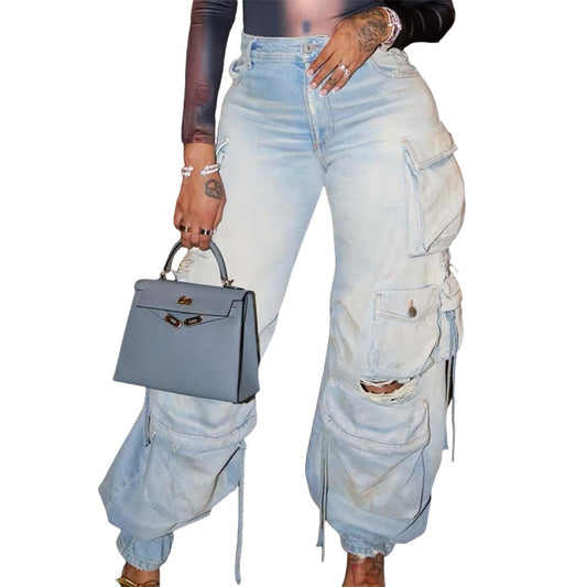 Wide fashionable denim pants with pockets