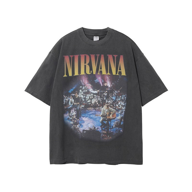 Retro washed and oversized T-shirt with Nirvana pattern