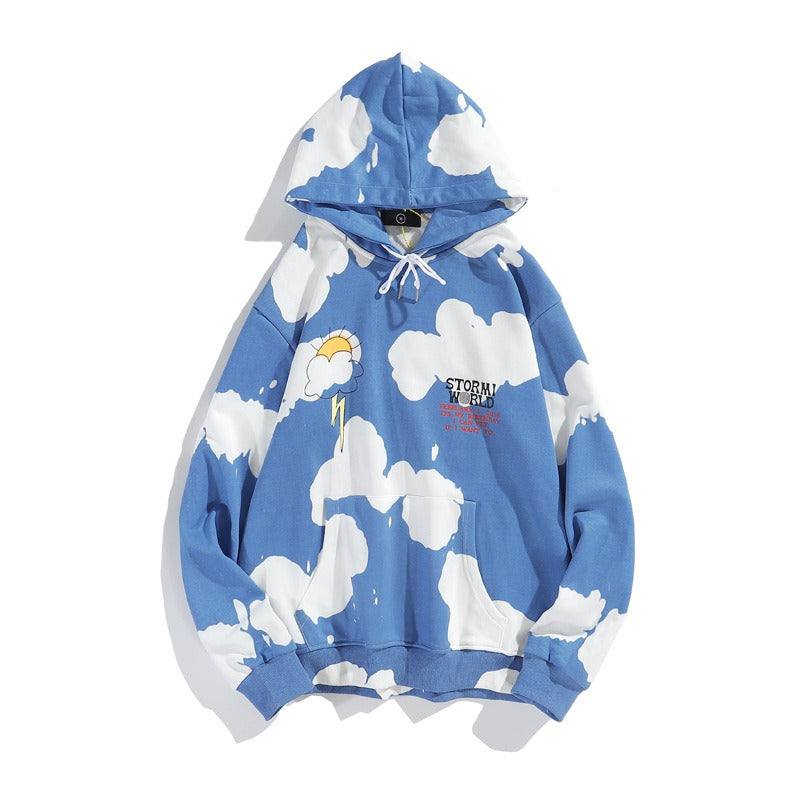 Europejska i amerykańska jesień i zima Kanye Blue Sky and White Clouds Tie Dyed Hoodie Ins Męska i damska bluza z kapturem Oversize