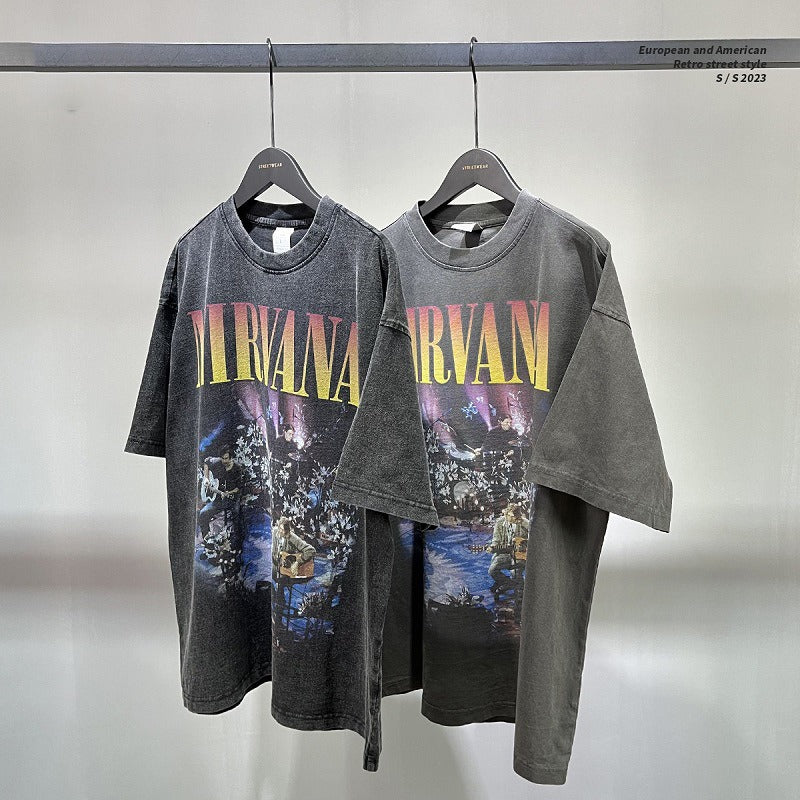 Retro washed and oversized T-shirt with Nirvana pattern