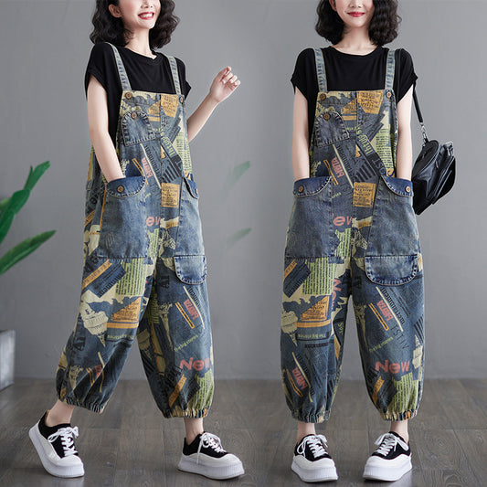 Denim trousers with suspenders and newspaper motif