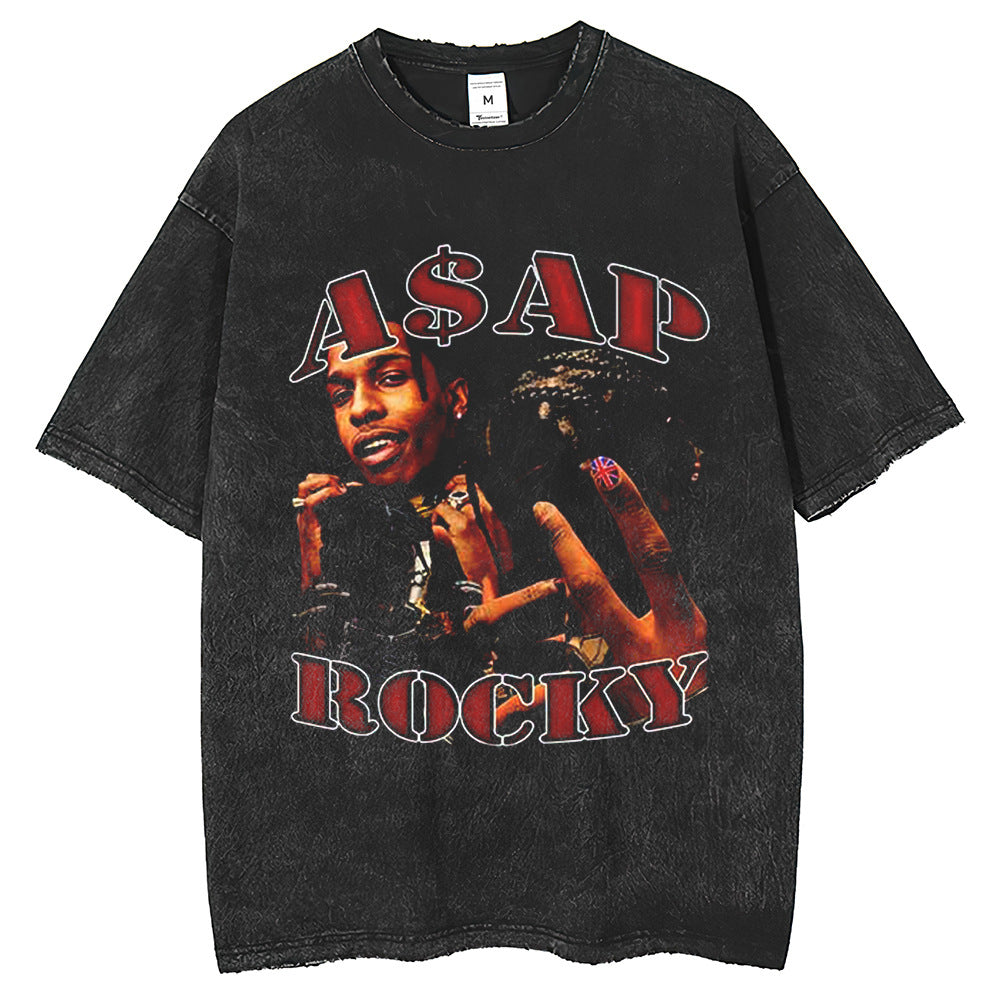 Washed short-sleeved T-shirt with prints of various rappers