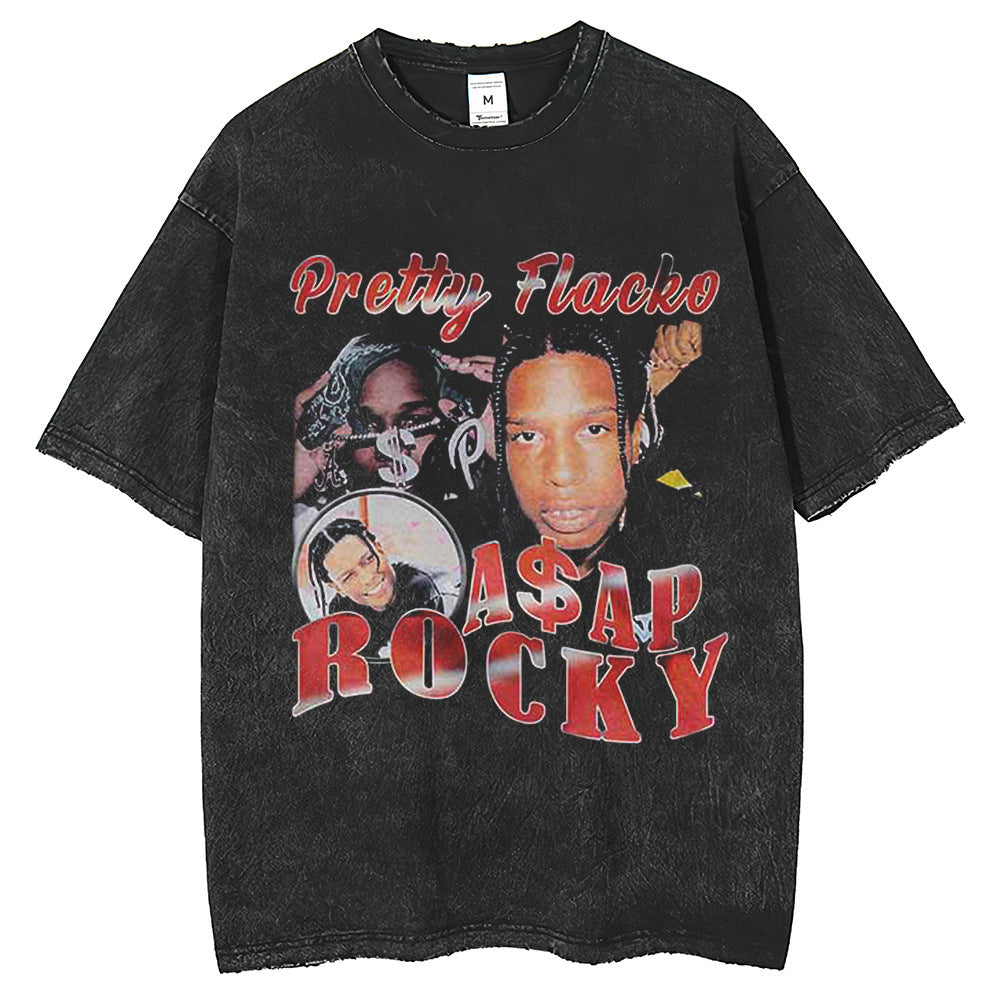 Washed short-sleeved T-shirt with prints of various rappers