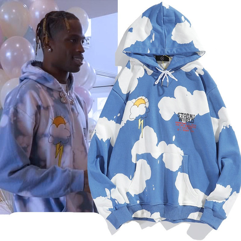 Europejska i amerykańska jesień i zima Kanye Blue Sky and White Clouds Tie Dyed Hoodie Ins Męska i damska bluza z kapturem Oversize