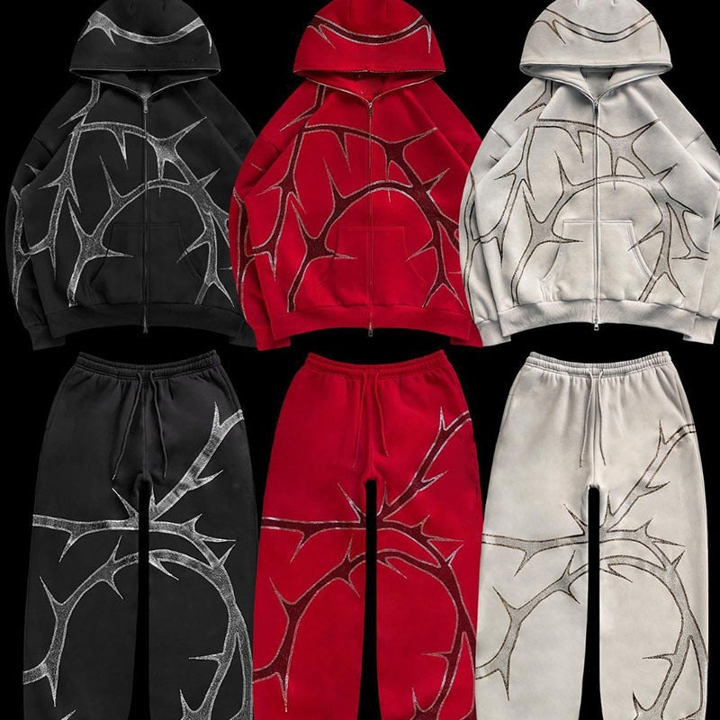 Set of a zip-up hoodie and sweatpants with a diamonds pattern