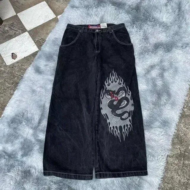 Streetwear denim pants with various prints