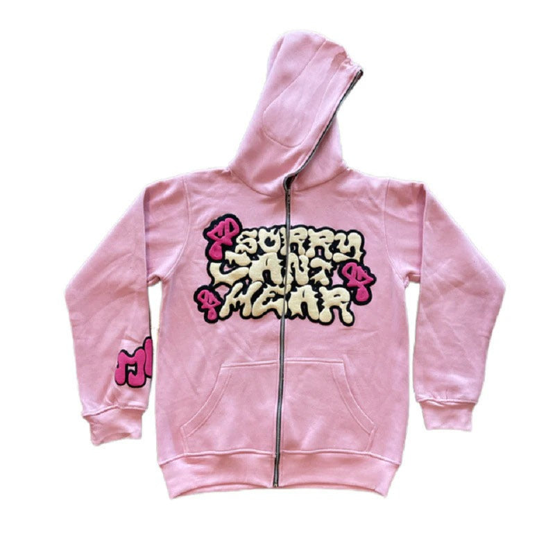 Zip-up hoodie with plush print pattern