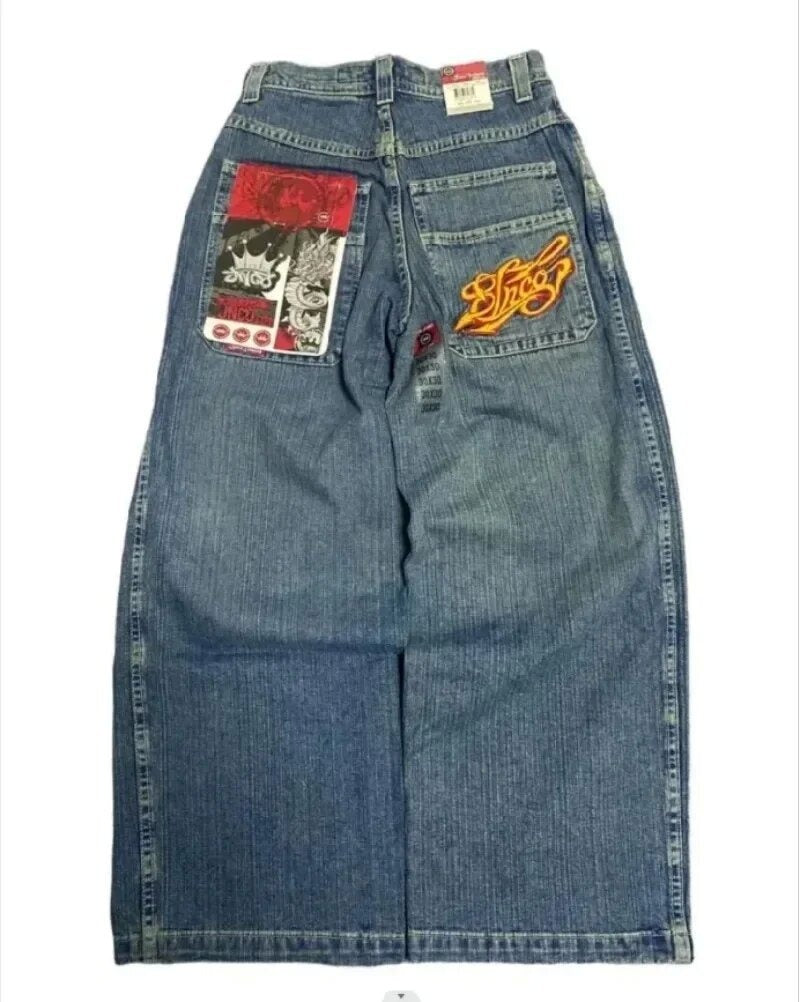 Streetwear denim pants with various prints