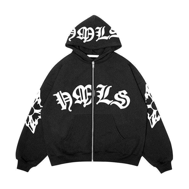 Zipper gothic motif hoodie with print