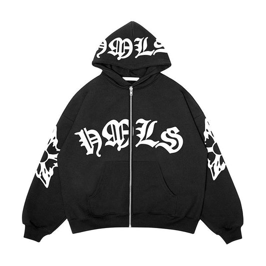 Zipper gothic motif hoodie with print