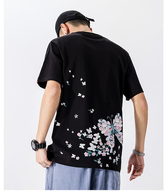 T-shirt with butterfly and flower embroidery