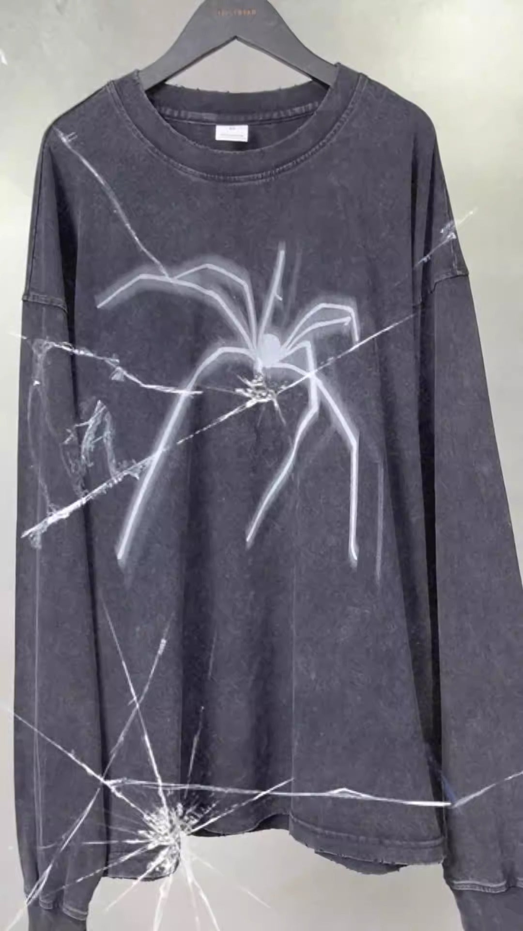 Washed long-sleeve t-shirt with spider theme