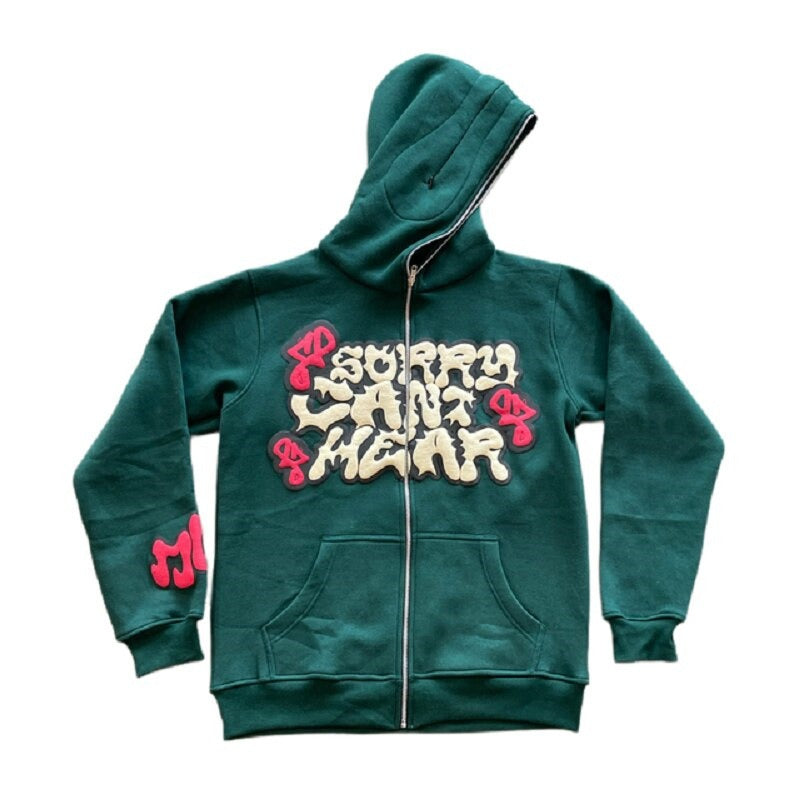 Zip-up hoodie with plush print pattern