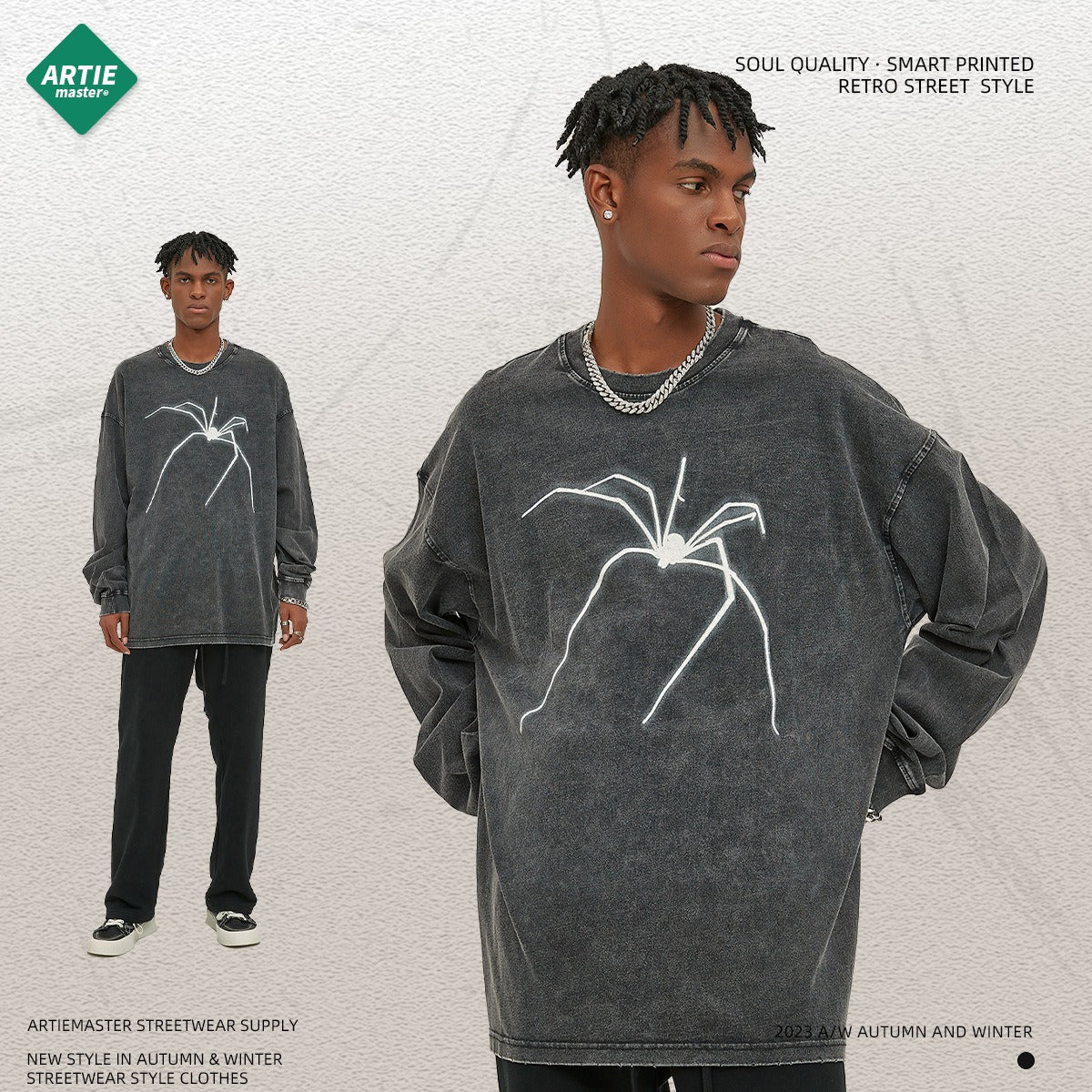 Washed long-sleeve t-shirt with spider theme