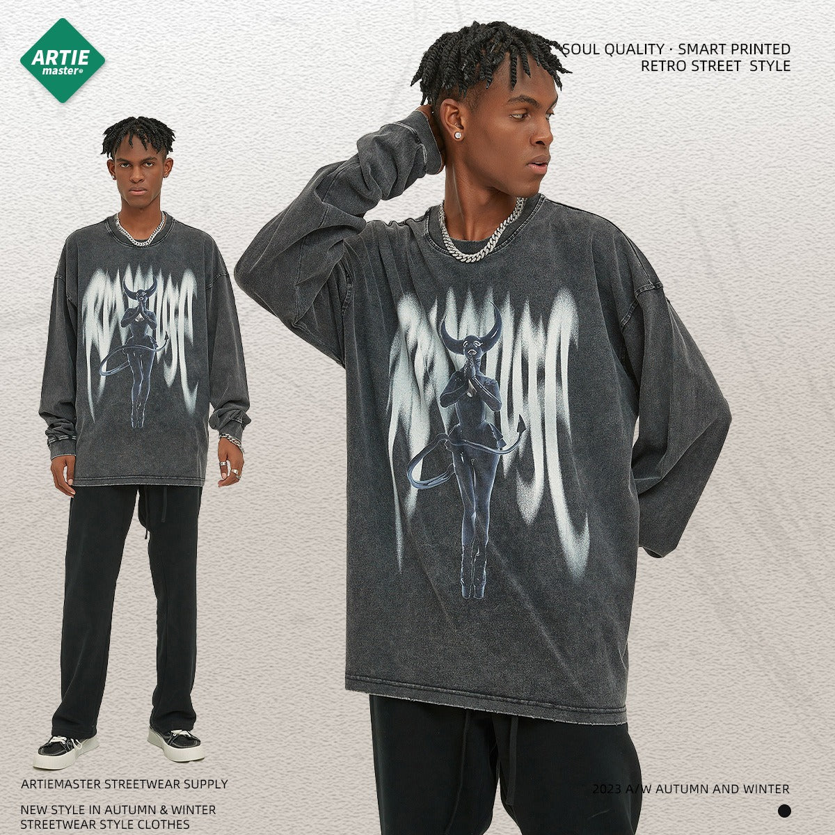 Washed long-sleeve T-shirt with a print