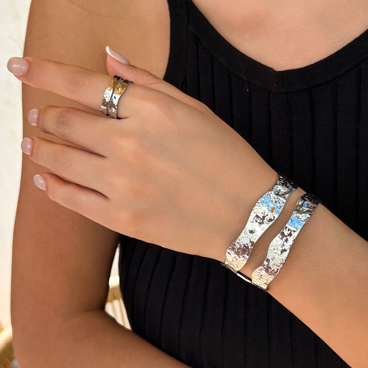 Double-layer open bracelet and ring set