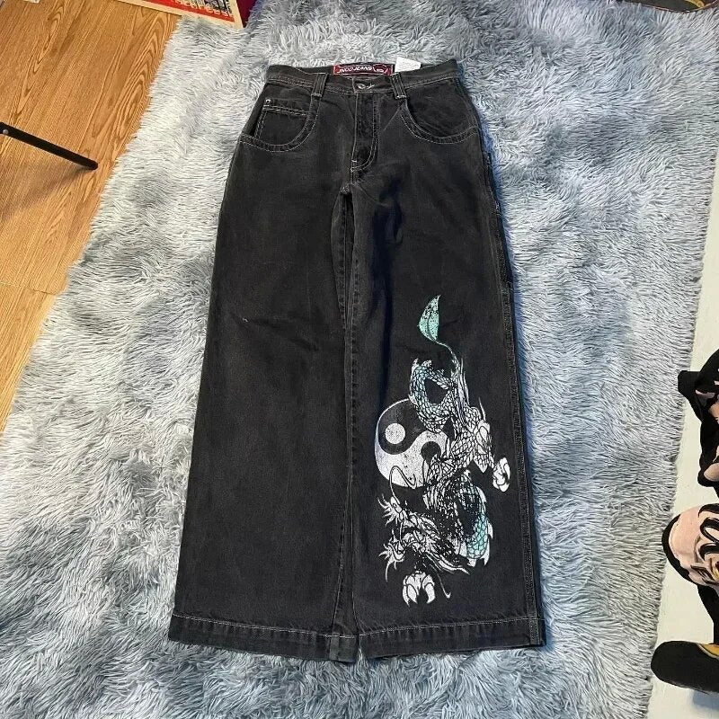 Streetwear denim pants with various prints