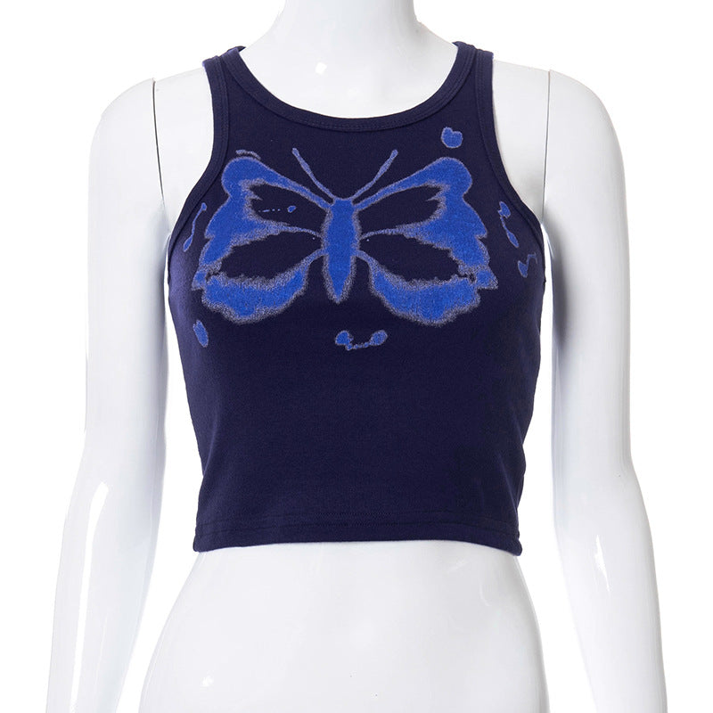 Round neck sleeveless top butterfly print navel slim fit